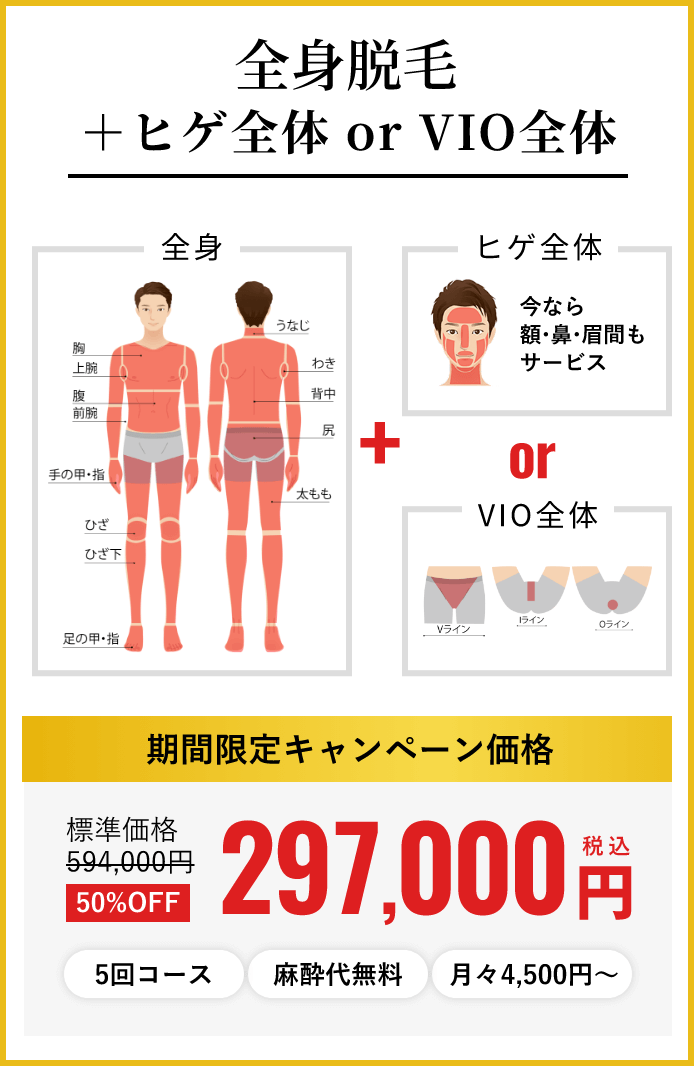 全身脱毛＋ヒゲ全体 or VIO全体