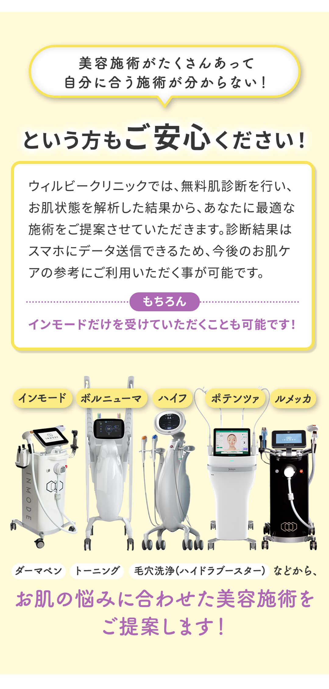 お肌の悩みに合わせた美容施術をご提案します！